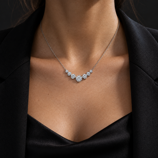 The Graduated Moissanite Necklace worn by a model, graduated moissanite necklace styled on dark tailoring