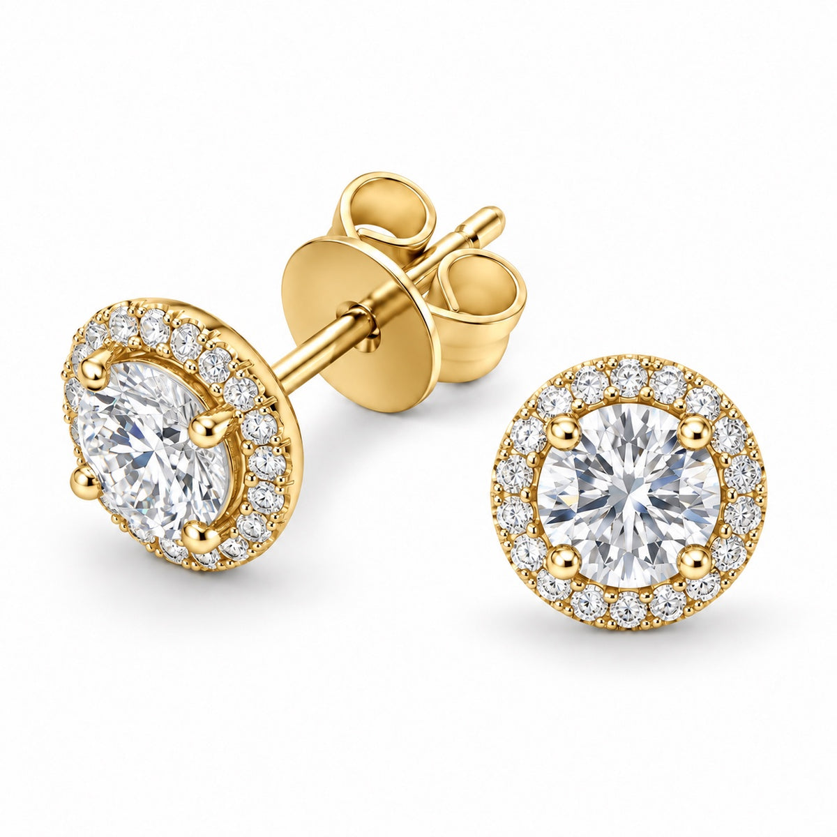 The Halo Moissanite Studs in 14K gold plated finish, product photo