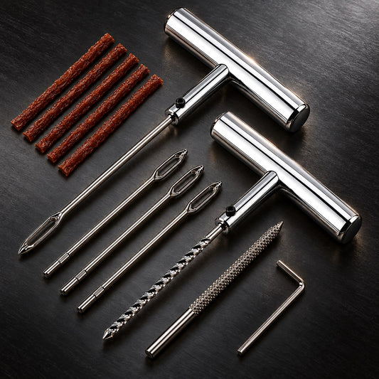 Tyre plug repair kit on a dark workshop surface