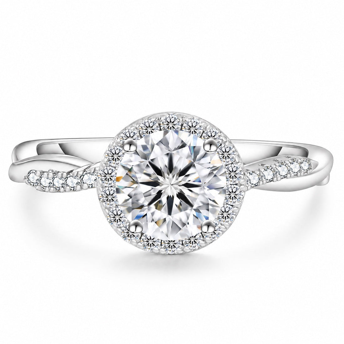 Halo moissanite engagement ring with a round centre stone and a twisted pavé band, product photo