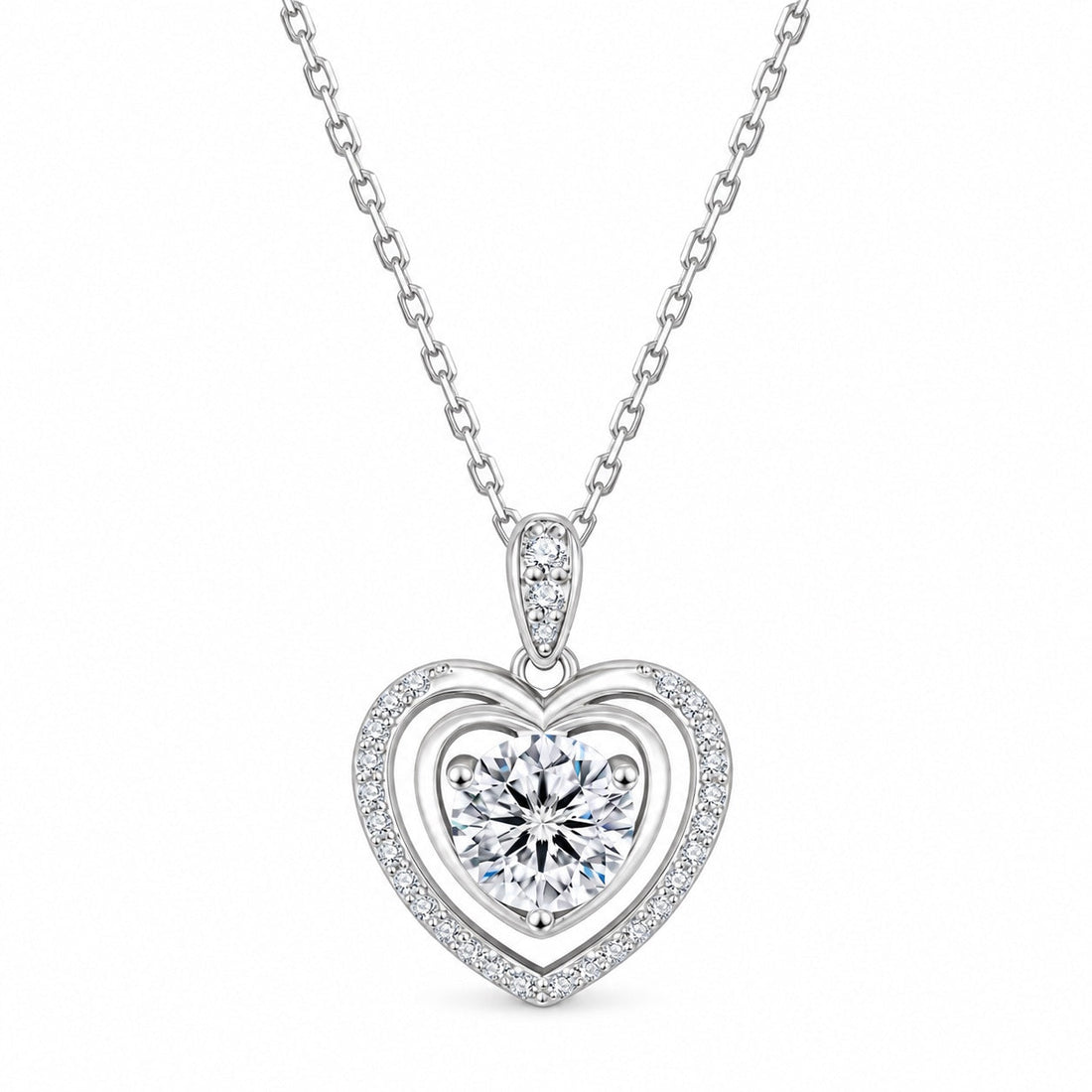 Heart moissanite necklace: an open double heart with a round centre stone and a pavé-set outline, silver tone, product photo
