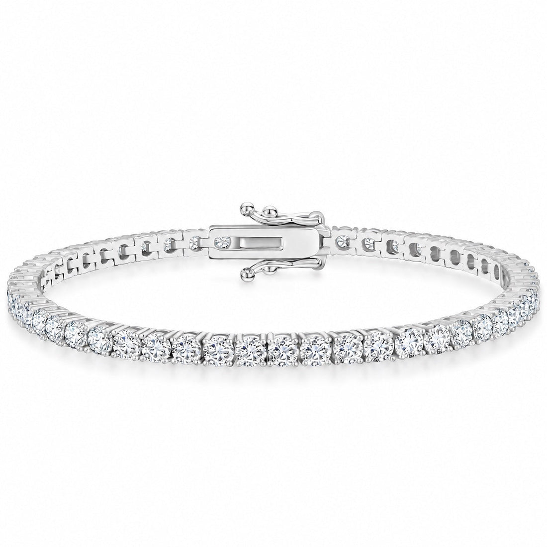 Moissanite tennis bracelet: a continuous row of round moissanite with a box clasp, white gold plated, product photo