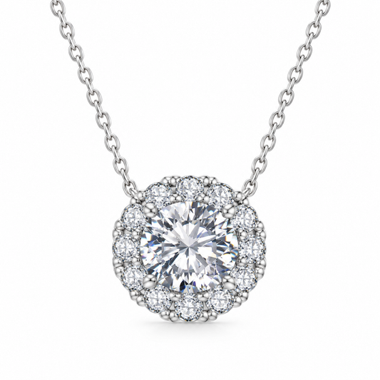 The Flower Halo Moissanite Necklace: moissanite flower halo pendant necklace, white gold plated, product photo