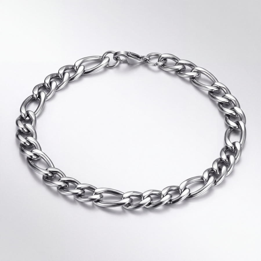 The Figaro Bracelet by JUSMIR, stainless steel Figaro chain bracelet, studio product photo