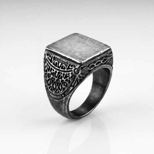 The Brushed Signet Ring by JUSMIR, antiqued silver-tone signet ring, studio product photo