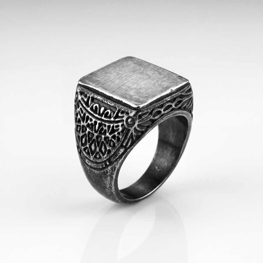 The Brushed Signet Ring by JUSMIR, antiqued silver-tone signet ring, studio product photo