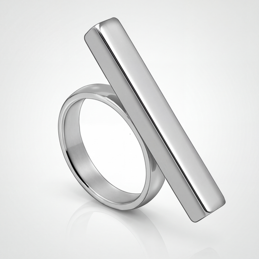 The Sculpted Ring by JUSMIR, polished stainless steel bar ring, studio product photo