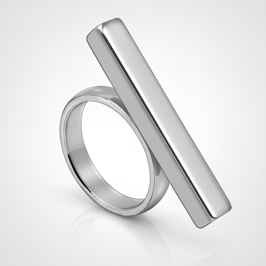 The Sculpted Ring by JUSMIR, polished stainless steel bar ring, studio product photo