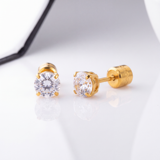 The Clear Stone Studs by JUSMIR, clear stone stud earrings, studio product photo