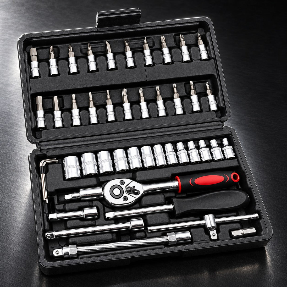 46-piece 1/4 inch socket and bit set on a dark workshop surface