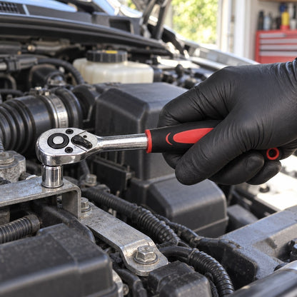 Tightening a bolt in an engine bay with the 1/4 inch ratchet from the 46-piece set