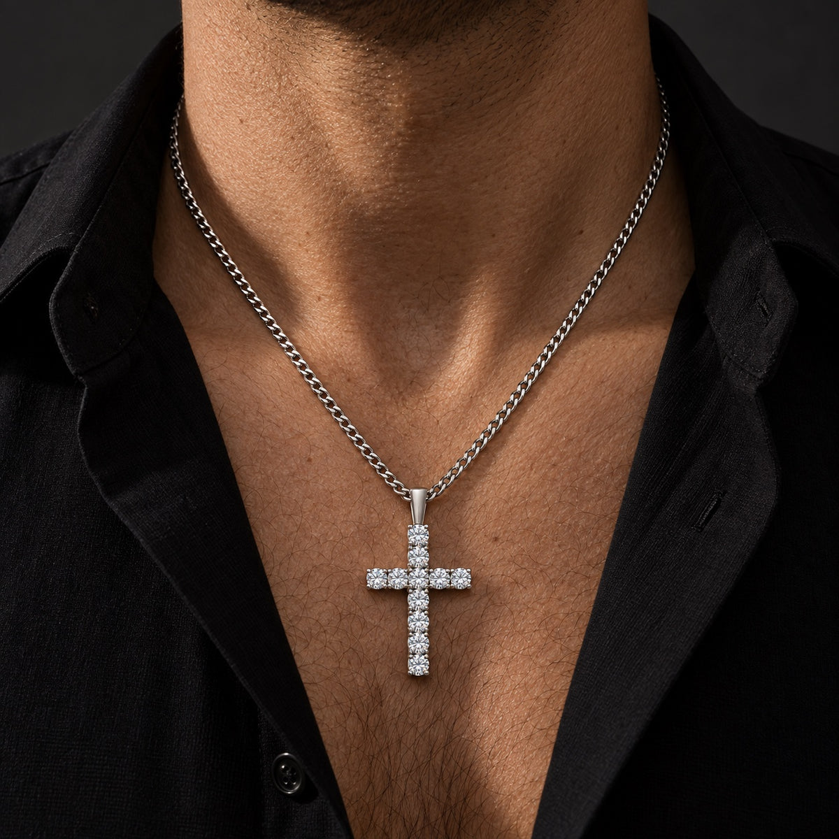 The Moissanite Cross Necklace worn by a model