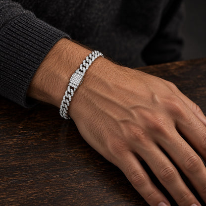 The Moissanite Cuban Link Bracelet worn by a model