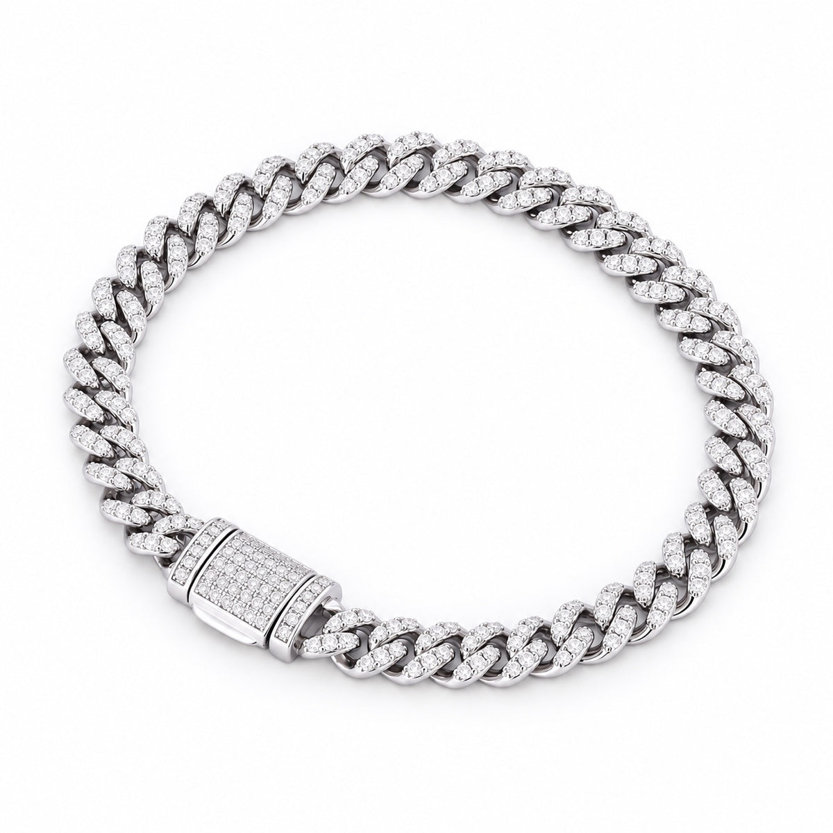 The Moissanite Cuban Link Bracelet, 6 mm, white gold plated, product photo