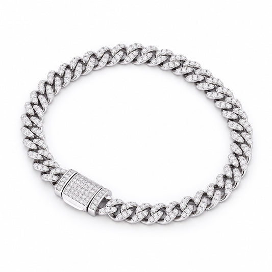 The Moissanite Cuban Link Bracelet, 6 mm, white gold plated, product photo