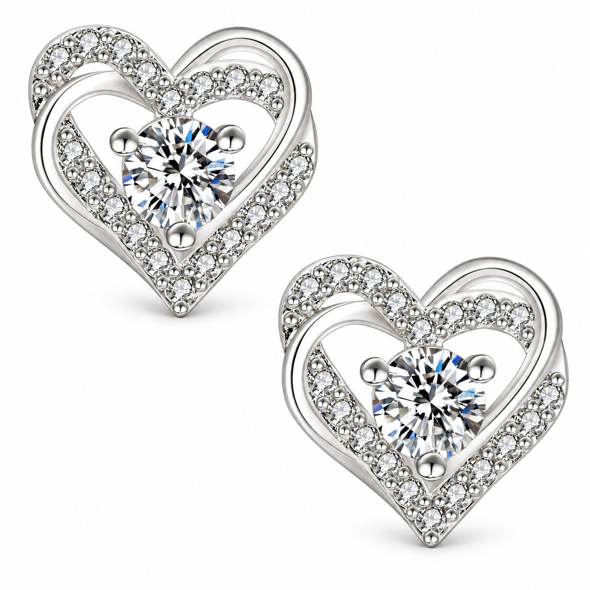 The Heart Moissanite Earrings, white gold plated, product photo