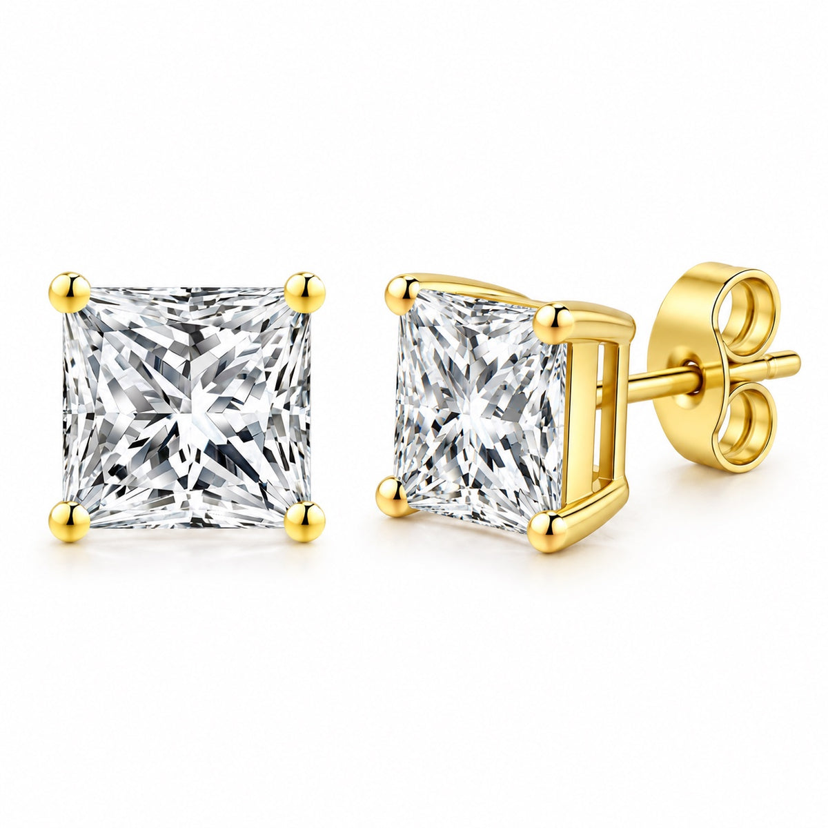 The Princess Cut Moissanite Studs, 14K gold plated, product photo