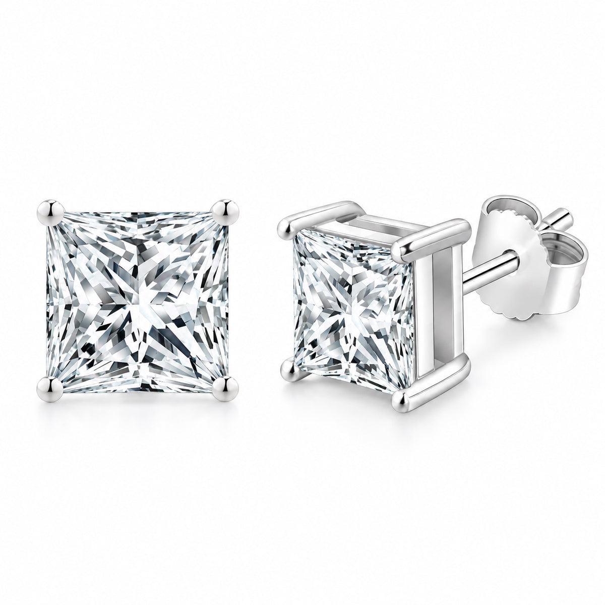 The Princess Cut Moissanite Studs, white gold plated, product photo