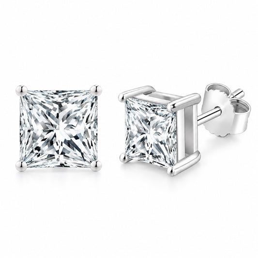 The Princess Cut Moissanite Studs, white gold plated, product photo