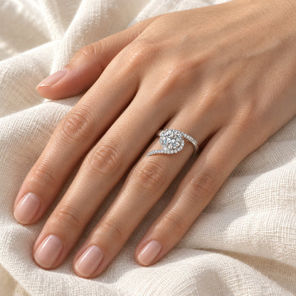 The Swirl Halo Moissanite Ring worn by a model in natural daylight