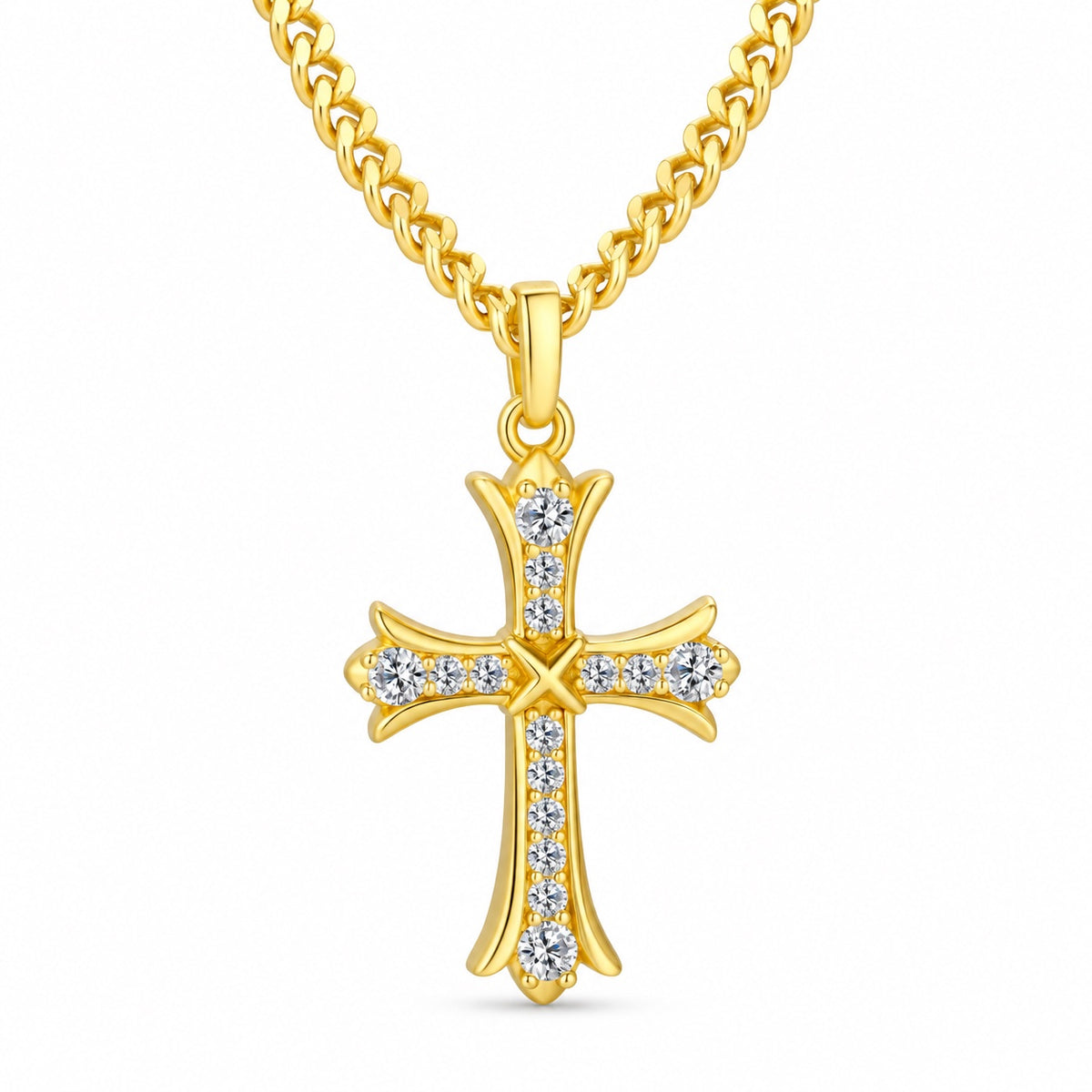 The Budded Cross Moissanite Necklace, 14K gold plated, product photo