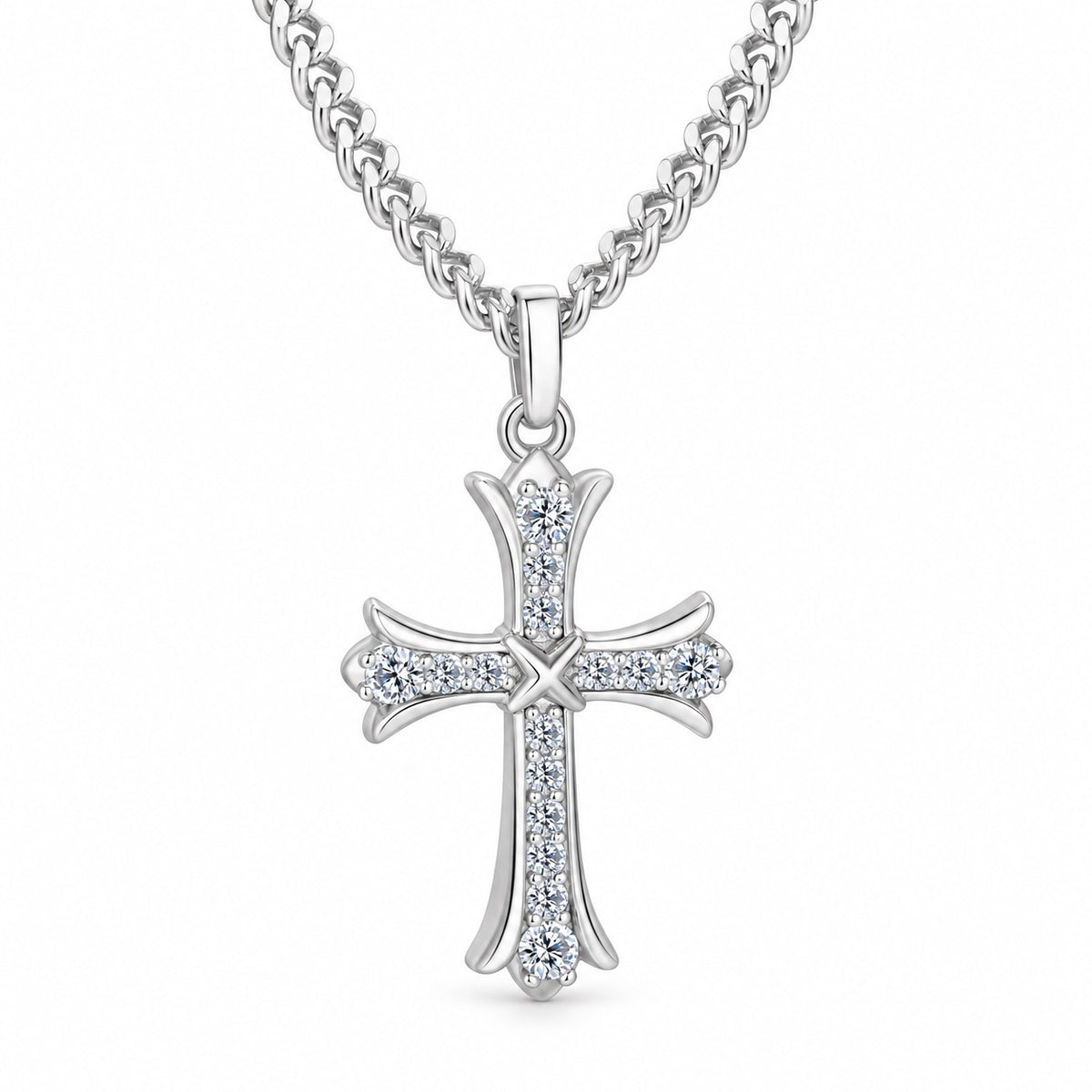 The Budded Cross Moissanite Necklace, white gold plated, product photo