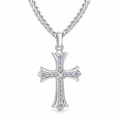 The Budded Cross Moissanite Necklace, white gold plated, product photo