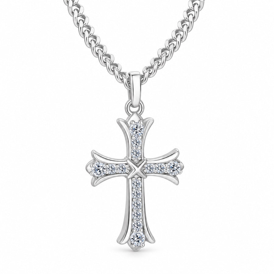 The Budded Cross Moissanite Necklace, white gold plated, product photo
