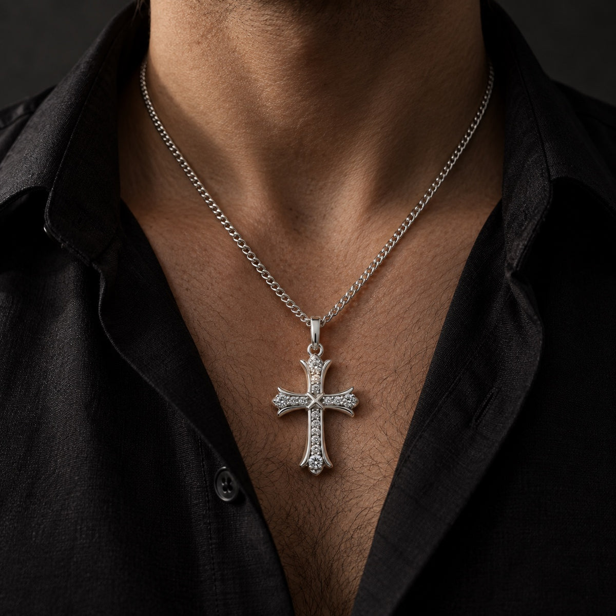The Budded Cross Moissanite Necklace worn by a model