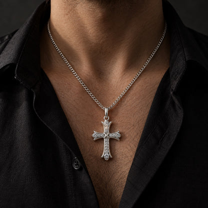 The Budded Cross Moissanite Necklace worn by a model