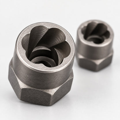 Close-up of the spiral flutes inside the extractor sockets