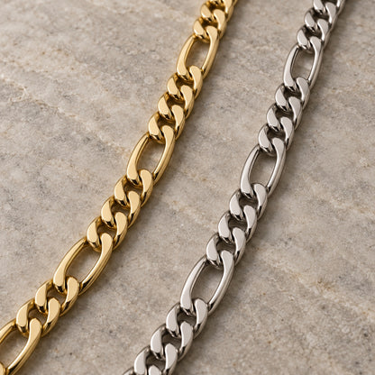 The Figaro Bracelet in gold tone and silver tone side by side, close-up of the links