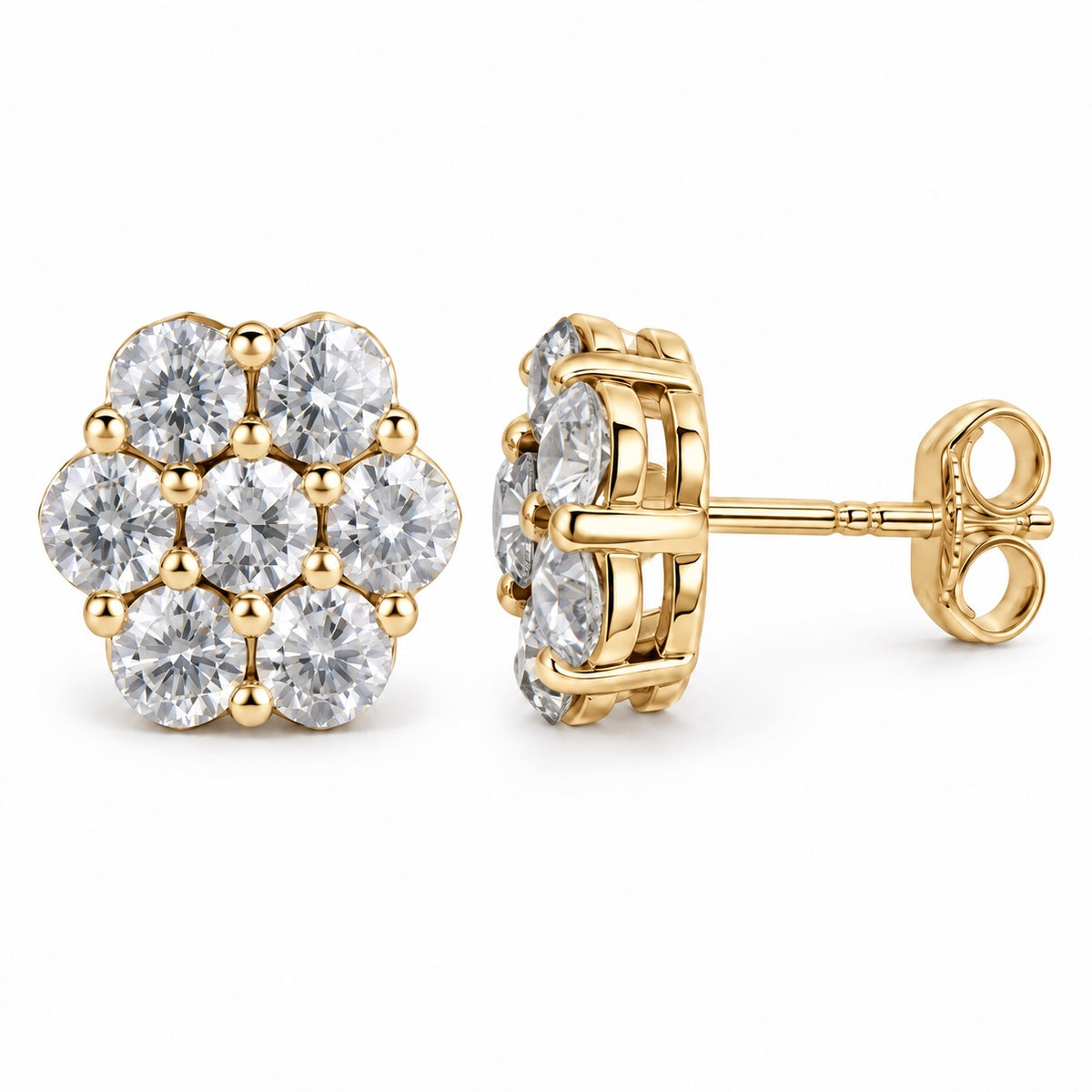 The Flower Moissanite Studs in 14K gold tone finish, product photo