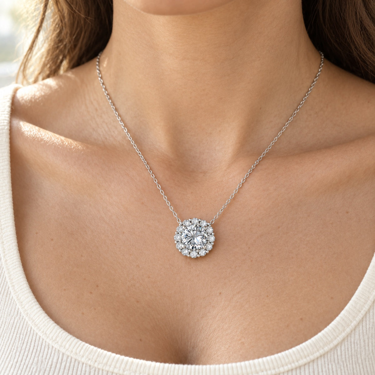 The Flower Halo Moissanite Necklace worn by a model in natural daylight, shown with the 8 mm (2 ct) centre