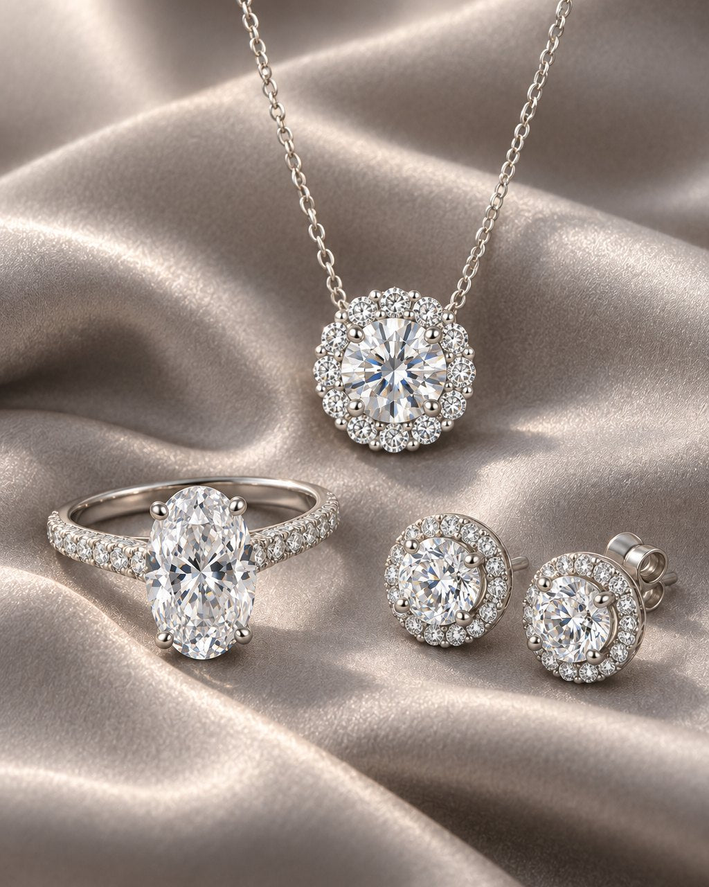 Moissanite oval ring, flower halo pendant and halo stud earrings on grey silk