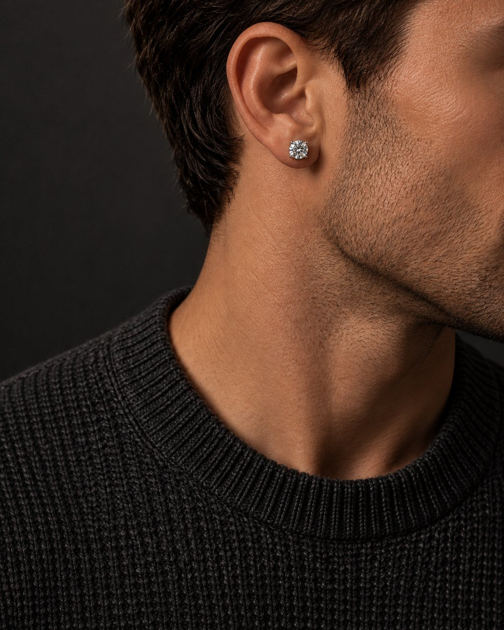 Man wearing a moissanite stud earring
