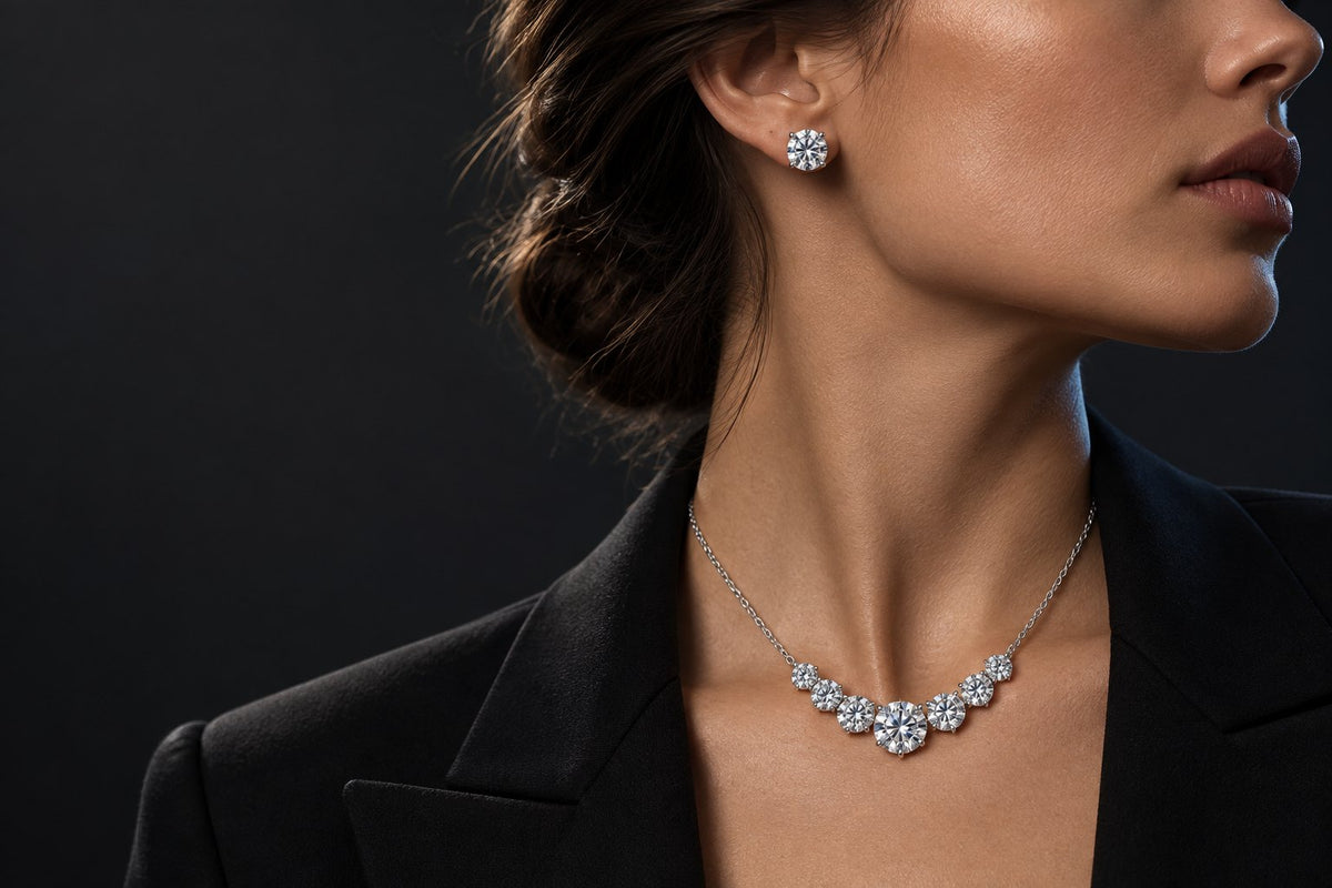 Woman wearing JUSMIR moissanite stud earrings and a graduated moissanite necklace