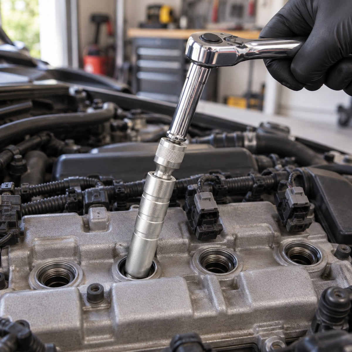 Removing a spark plug with the 16 mm magnetic socket and a ratchet