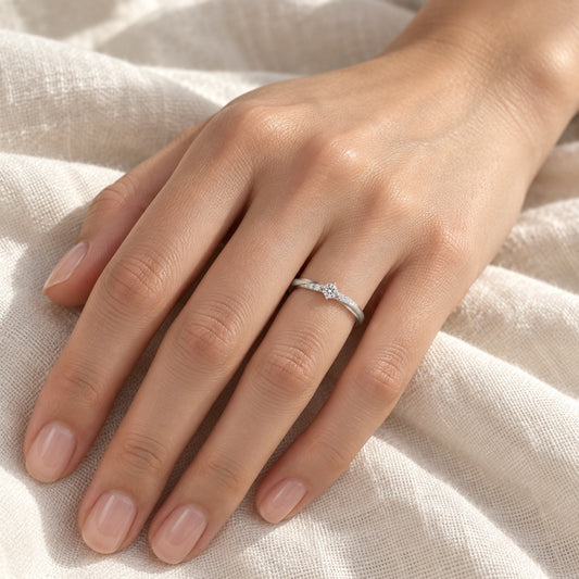 The Twist Moissanite Band worn by a model in natural daylight