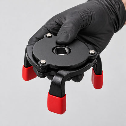 3-jaw oil filter wrench held in a gloved hand to show its size