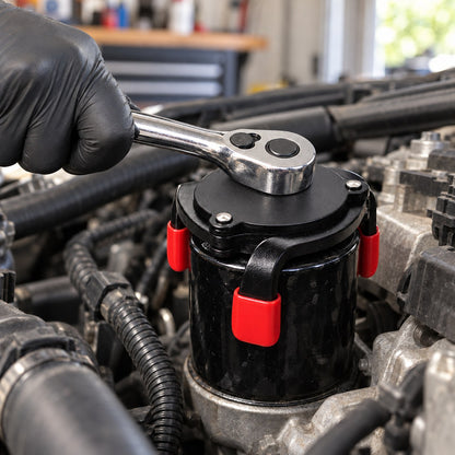 Loosening an oil filter with the 3-jaw wrench and a ratchet