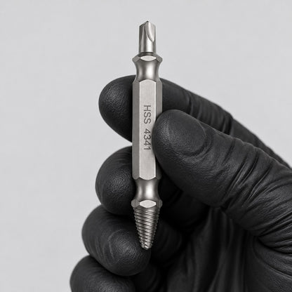 Screw extractor bit held in a gloved hand to show its size