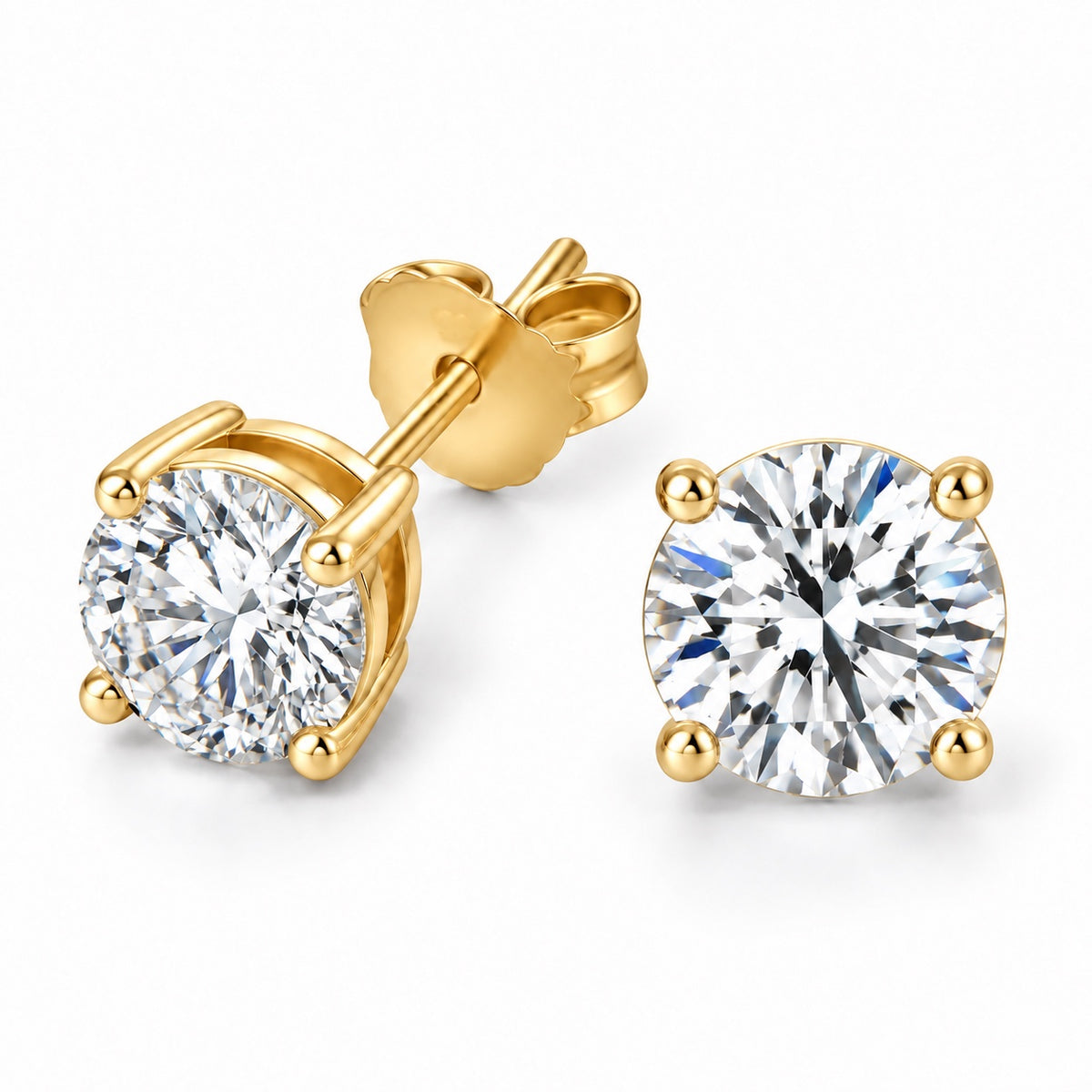 The Solitaire Moissanite Studs in 14K gold plated finish, product photo
