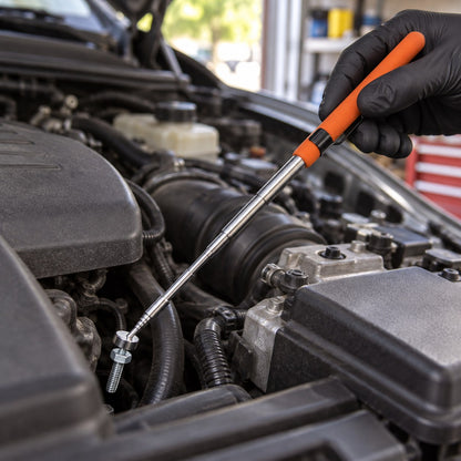 Picking a dropped bolt out of an engine bay with the telescopic magnetic pickup tool