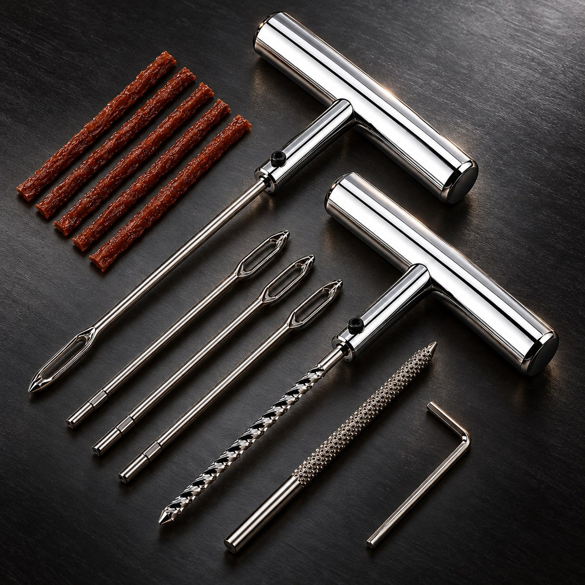 Tyre plug repair kit on a dark workshop surface