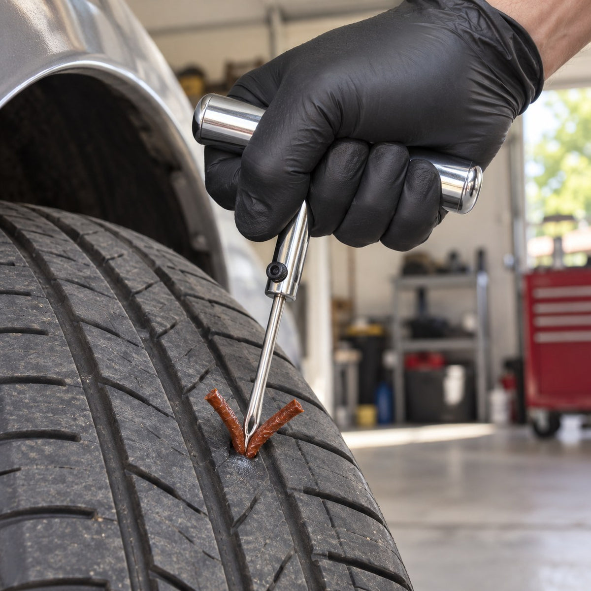 Inserting a rubber plug into a punctured car tyre with the T-handle needle tool