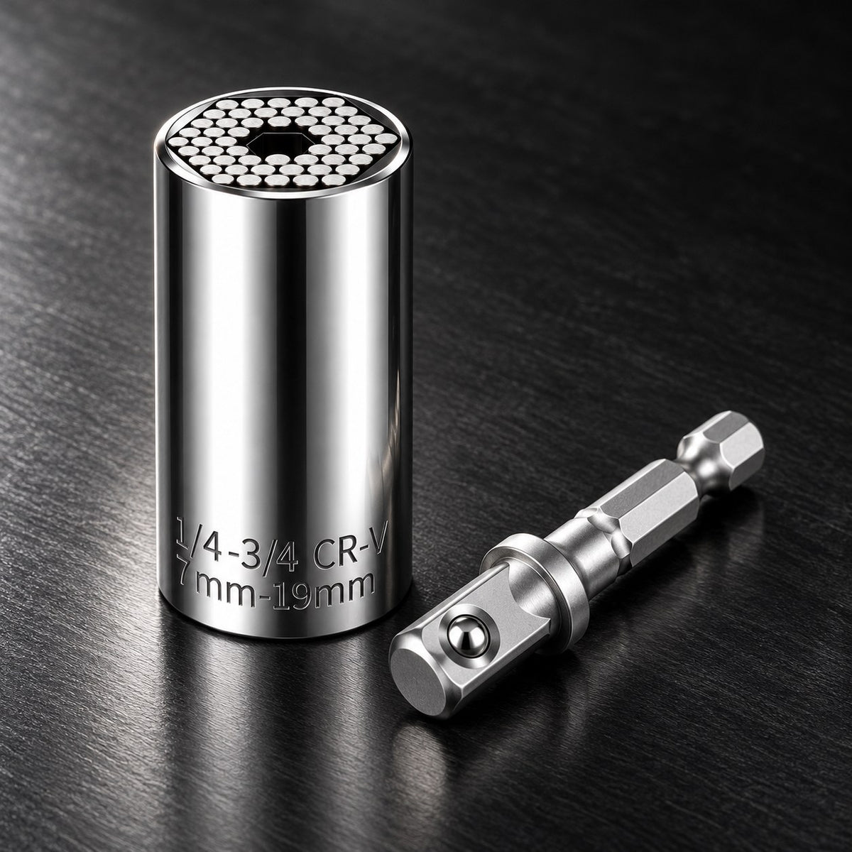 Universal socket with drill adapter on a dark workshop surface