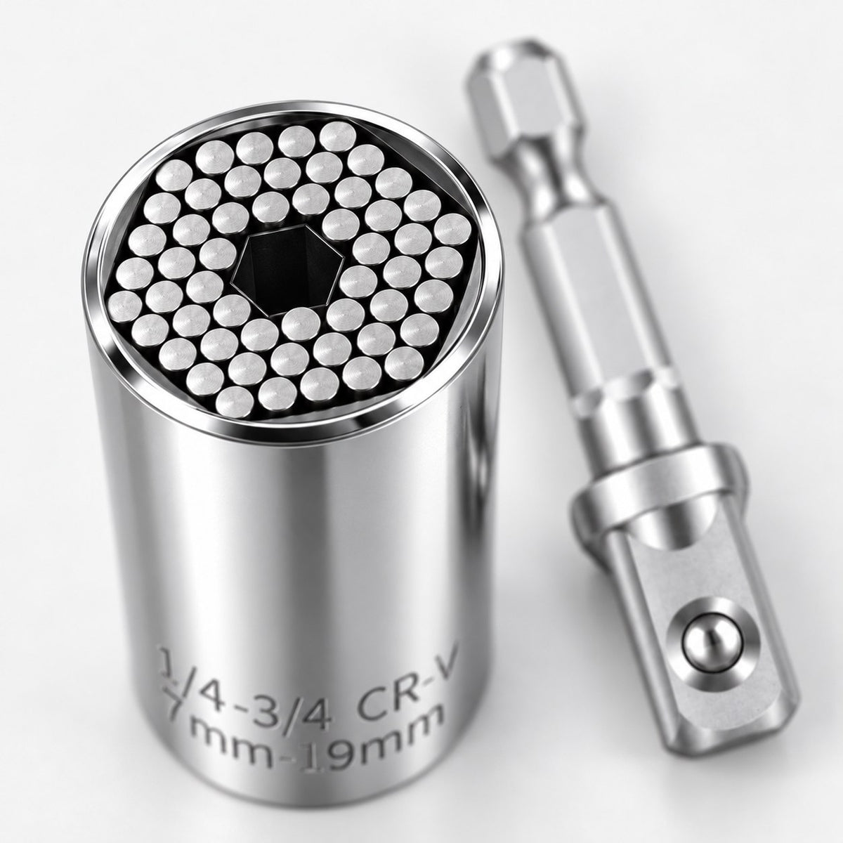 Close-up of the spring-loaded steel pins inside the universal socket