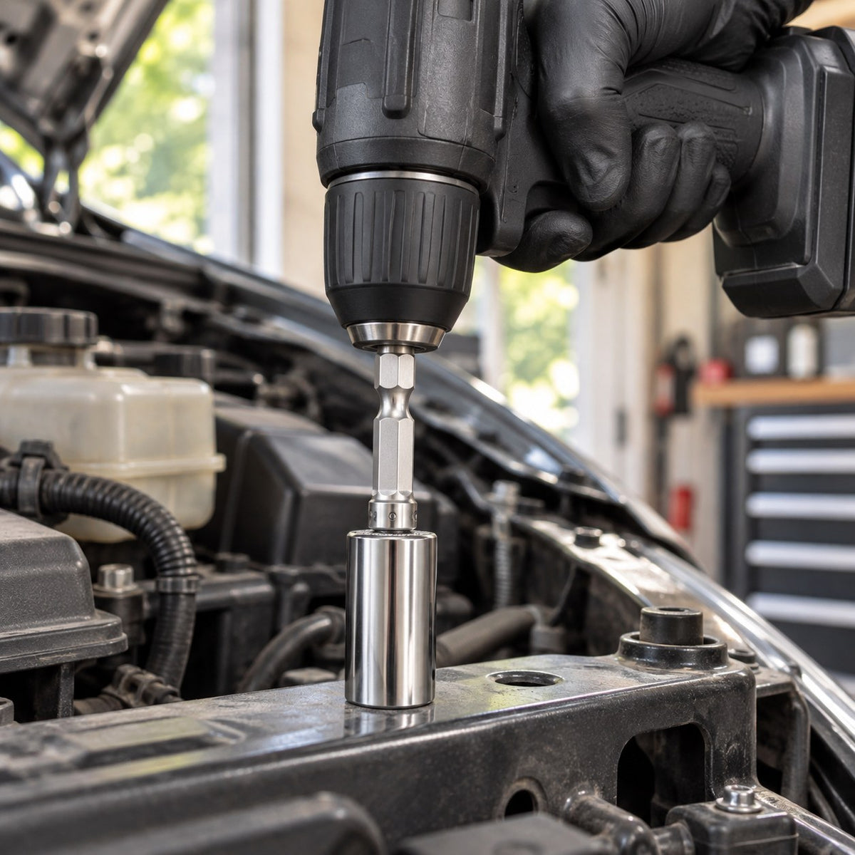 Universal socket on a cordless drill driving a bolt in an engine bay