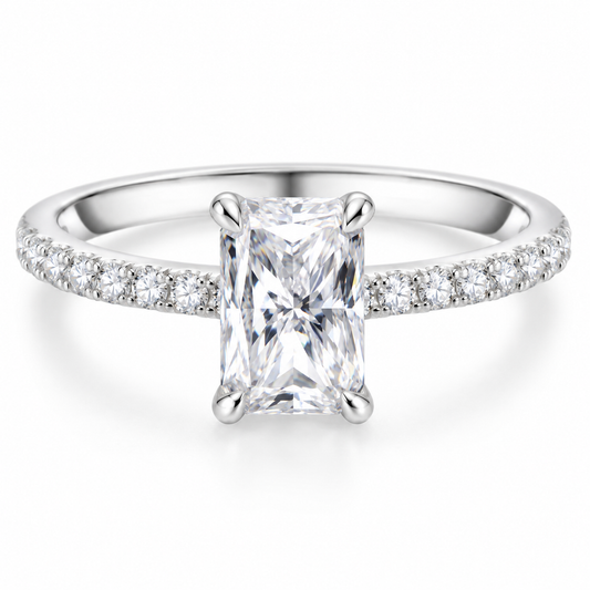 The Radiant Moissanite Ring: radiant cut moissanite ring, white gold plated, product photo